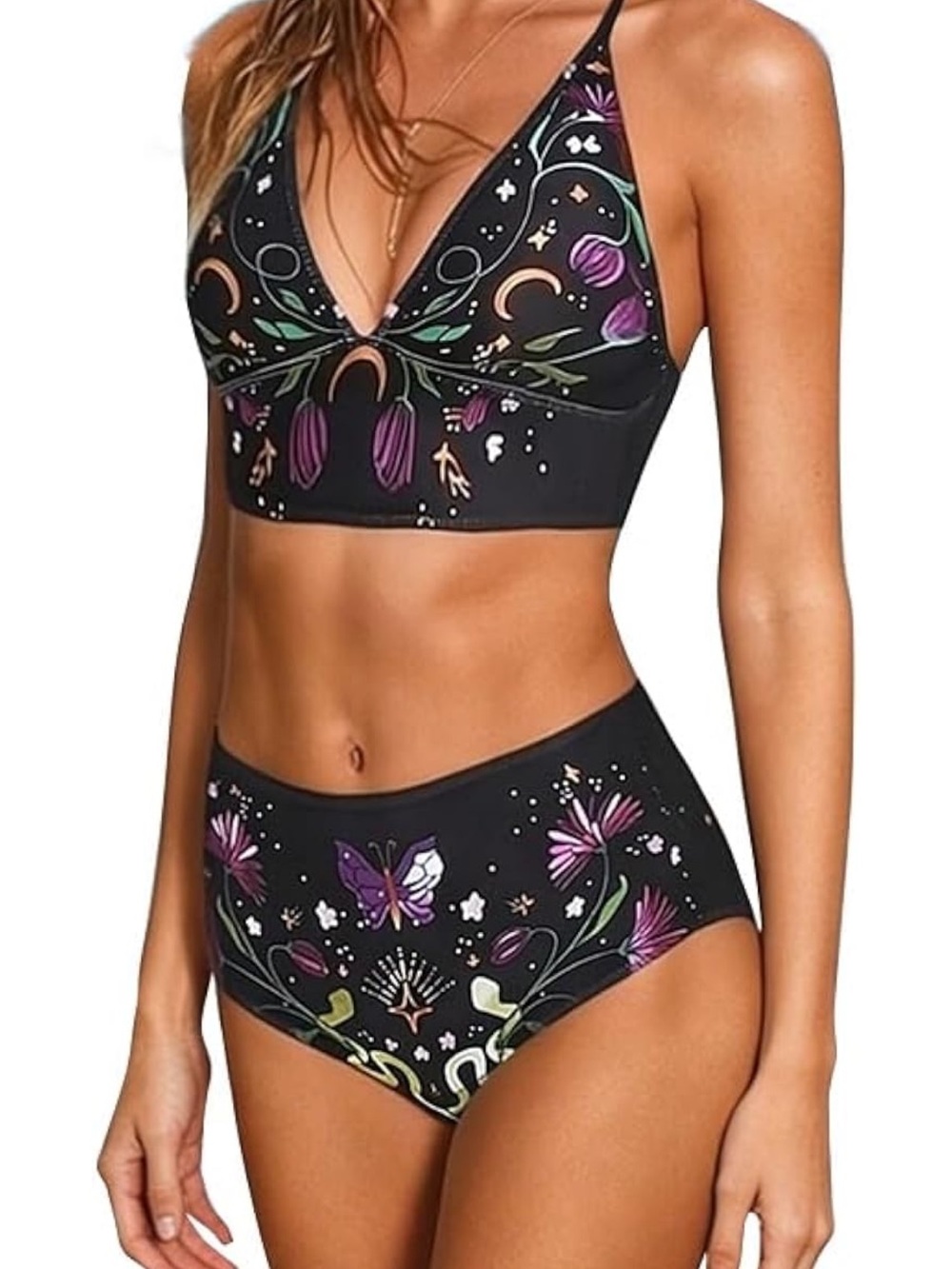 Bikini Set High Waisted Tummy Control V Neck Witchy Celestial Floral 1272/1-1